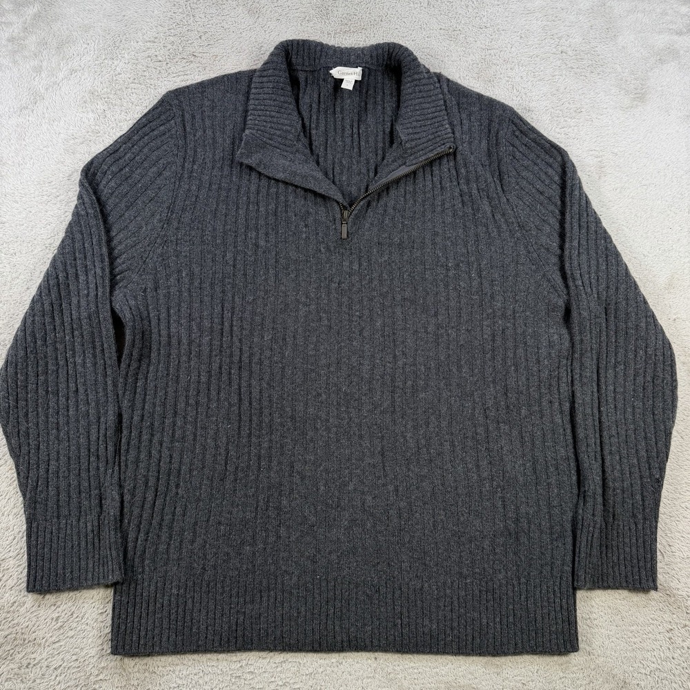 Garnet Hill Sweater Mens Large Grey 100% Cashmere Ribbed Knit 1/4 Zip Pullover